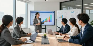 Team collaborating on business energy rates analysis in a modern office setting, showcasing professional teamwork and engagement.