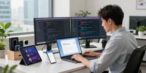 Engaging workspace featuring a professional using 纸飞机中文版 on a laptop, showcasing a modern office environment.