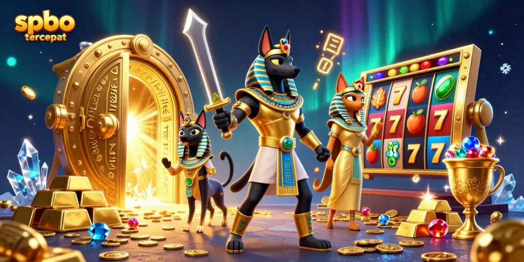 Experience the thrill of spbo tercepat with an Egyptian warrior and treasures in a dynamic casino scene.