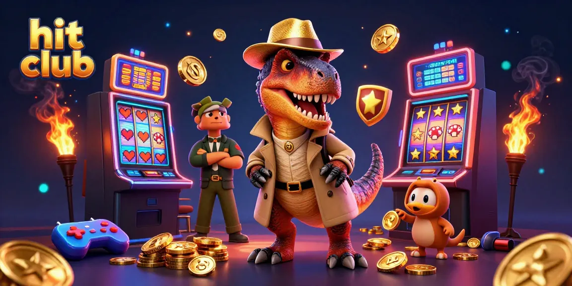 Play slots at hit club with cartoon velociraptor at a slot machine, colorful coins and glowing game elements.