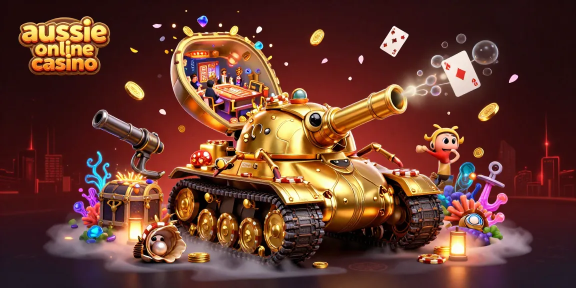 Engage with the vibrant scene of the aussie online casino featuring a golden beetle tank with an intricate casino inside.