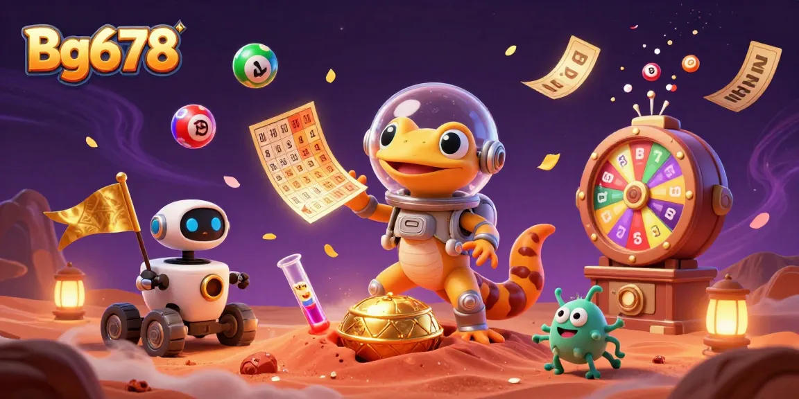 Bg678 showcases a Martian gecko in a casino, surrounded by vibrant lottery elements.