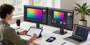 Innovative workspace showcasing Snipaste官网 in action, featuring dual monitors and annotations.