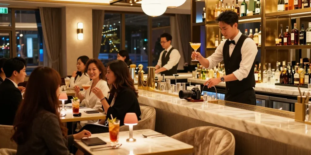 강남블랜딩에서 고급스러운 음료를 즐기는 손님들의 모습과 우아한 실내 인테리어