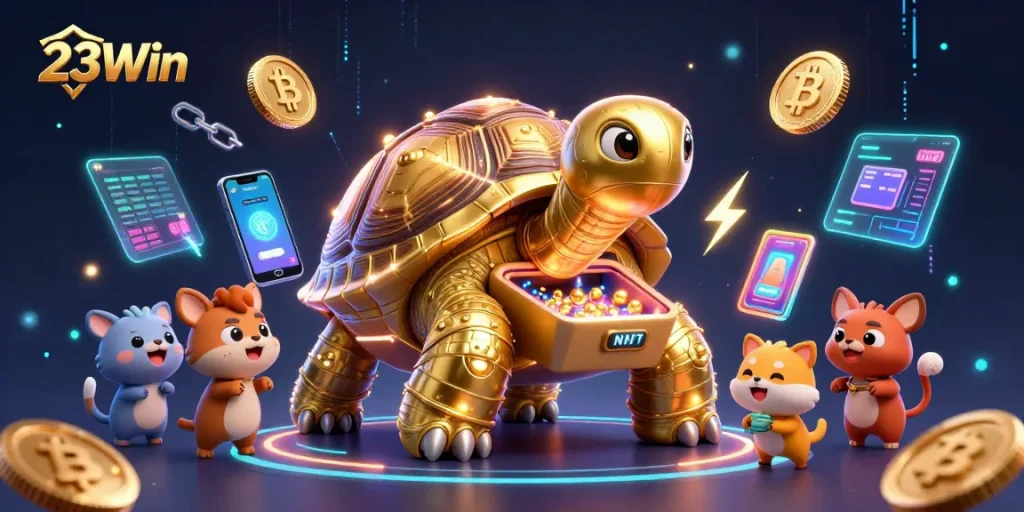 Experience 23Win's thrilling digital casino with golden tortoise and crypto elements, showcasing vibrant gameplay.