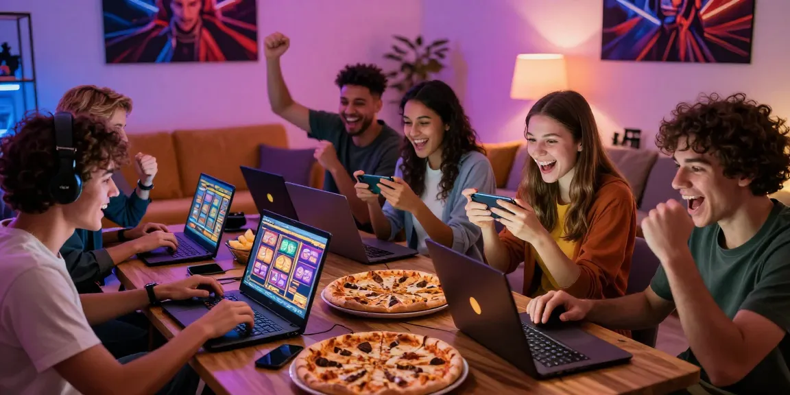 Group enjoying online slot depo 5k gaming experience with laptops and snacks.
