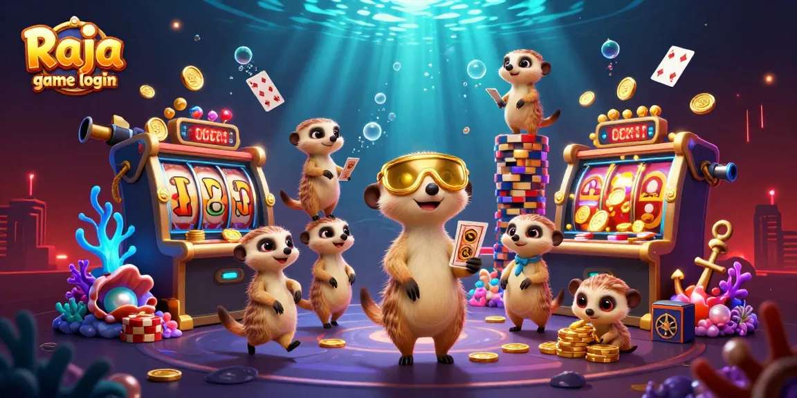 Experience Raja game login with meerkats in an exciting casino scene showcasing card games and gold coins.