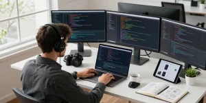 Engaging workspace with developer coding software applications at teiegramin.com, featuring modern tech elements.