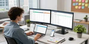 Marketing strategist analyzing LLG Link indexing service performance in a modern office.