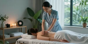 안양출장안마 서비스를 제공하는 편안한 마사지 장면, 아로마 캔들이 있는 고요한 실내 분위기