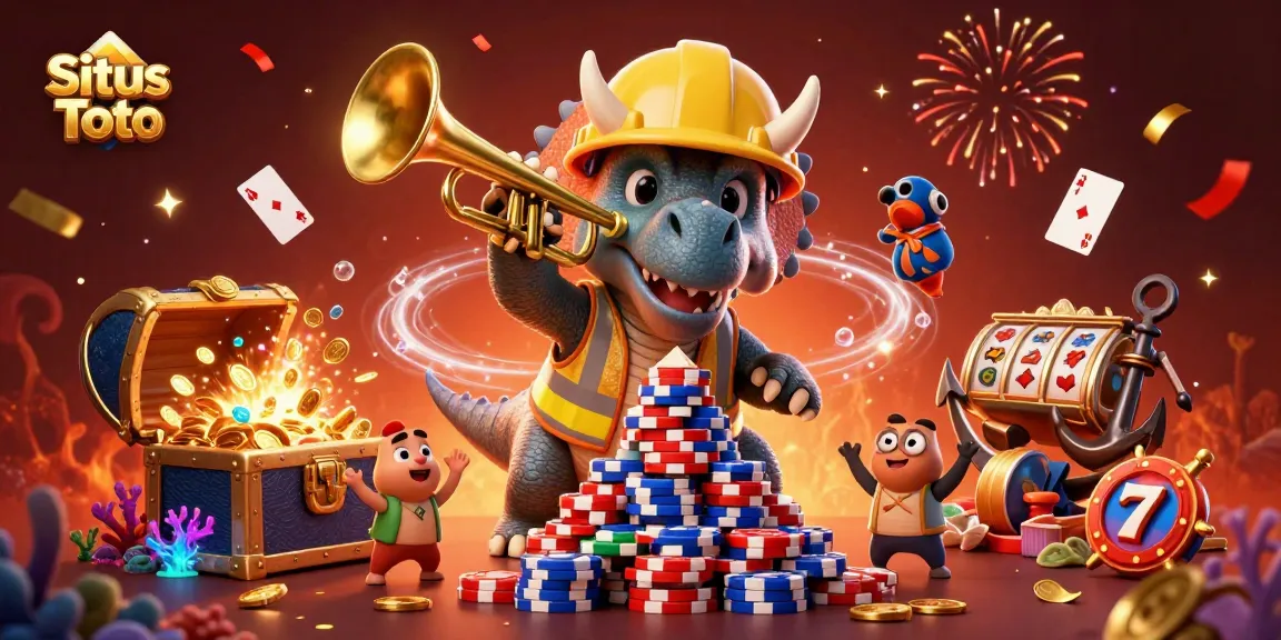 Situs Toto opportunities arise as cartoon dinosaurs celebrate gaming success amidst vibrant casino elements.