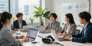 Collaborative professionals discussing מרכזייה בענן solutions in a modern office setting