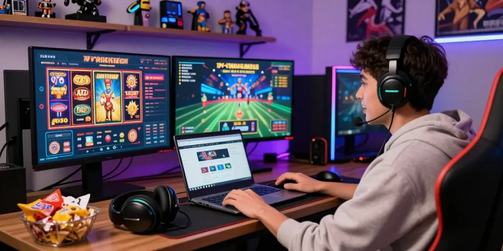 Exciting gaming session on raja328 platform, showcasing a player immersed in slots and live casino games.