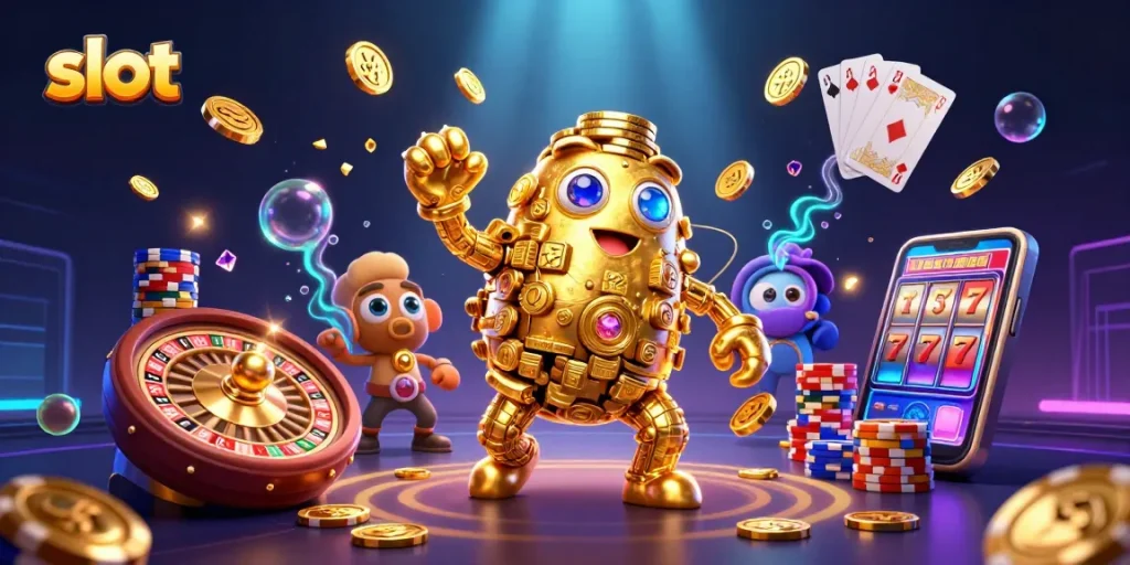 Bermain slot online dengan golem emas bercahaya, dipenuhi simbol mesin slot dan koin berkilau.