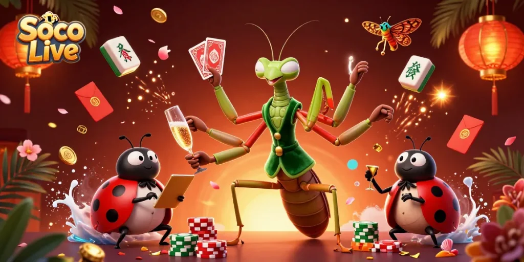 Soco Live showcases a vibrant gambling scene with a mantis card sharp and ladybug pit boss in a detailed 3D illustration.