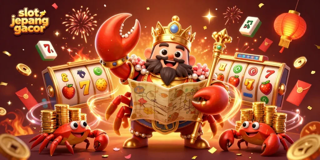 Engage in the excitement of slot jepang gacor with a vivid 3D illustration showcasing a golden crab emperor amidst vibrant game elements.