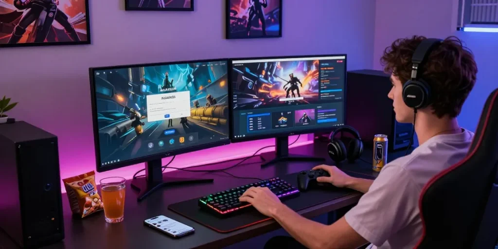 Proses login RAJARECEH dengan pengguna di depan desktop gaming.