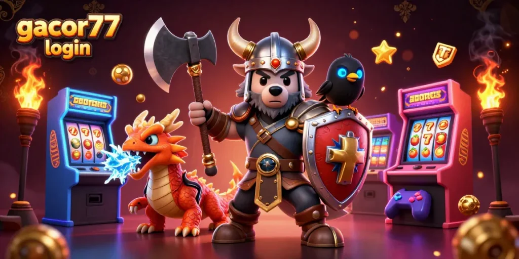 Engage with gacor77 login for a thrilling casino experience filled with vibrant 3D characters and game elements.