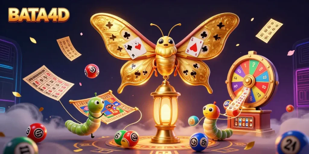 BATA4D showcases vibrant gaming elements with a majestic moth and festive atmosphere.