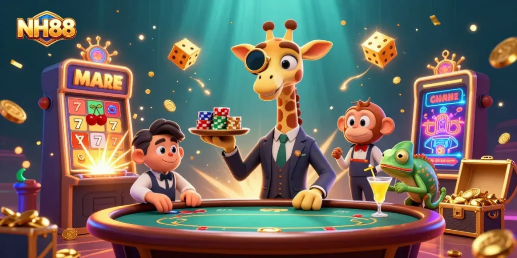 Experience the excitement of NH88 with a high-roller giraffe and gaming action in a vibrant casino scene.