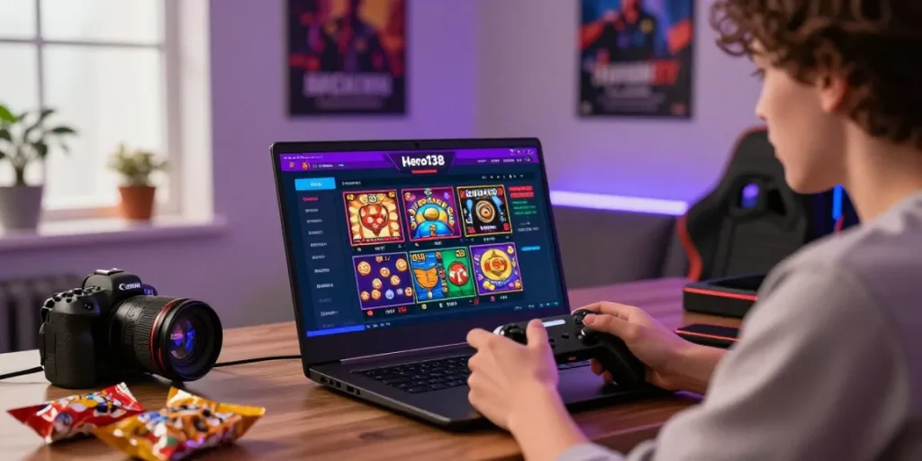Engaging Hero138 online gaming scene with user enjoying vibrant slot games and sports betting options.