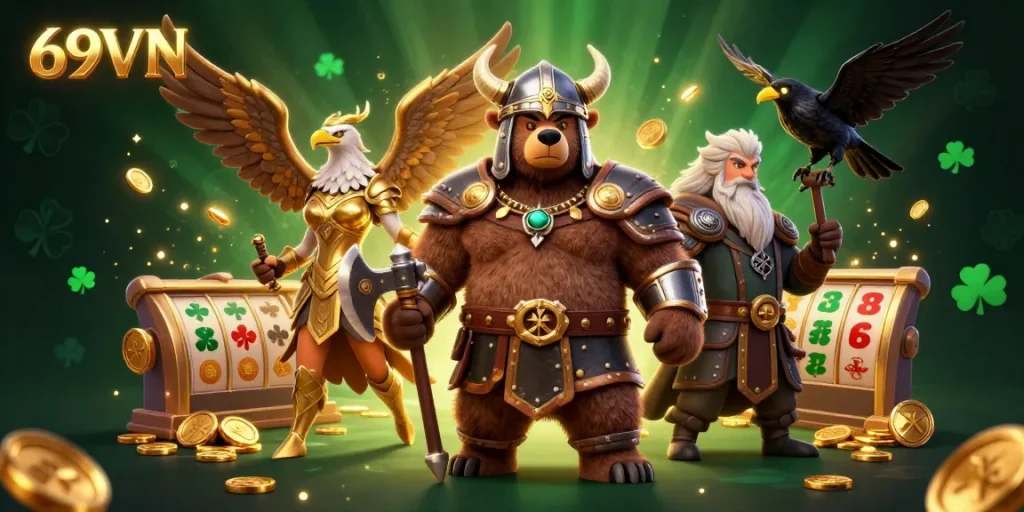 Experience thrilling gaming excitement at 69VN with a dynamic scene of a Viking bear and Valkyrie eagle amidst golden gambling elements.