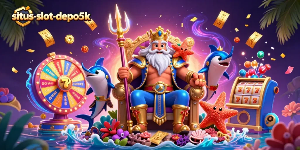 Engage with situs-slot-depo5k in an ultra-detailed 3D scene featuring slot reels, jackpot symbols, and casino elements.