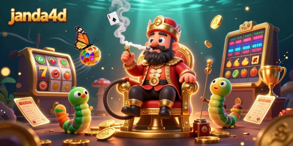 janda4d menampilkan ilustrasi kasino 3D dengan simbol slot dan koin emas di sekitar karakter
