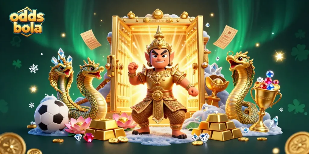 Bets on odds bola featured in a dynamic scene with a Thai guardian, rich sports elements, and vibrant treasures.