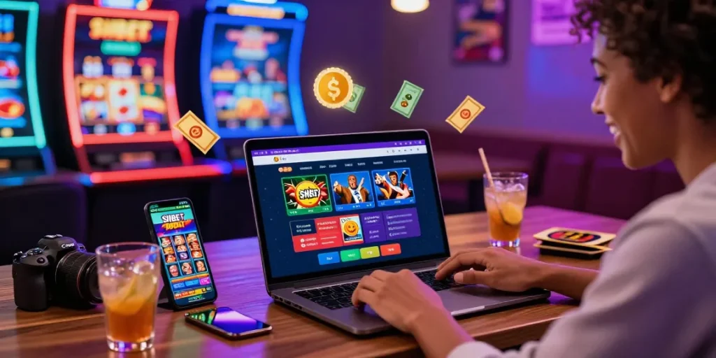Engaging with SHBET on a laptop in a vibrant casino-themed setting, showcasing online gambling excitement.