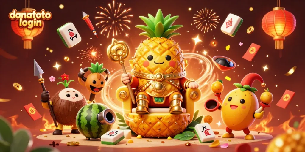 Engage with the vibrant danatoto login scene featuring a pineapple king and glowing casino elements.