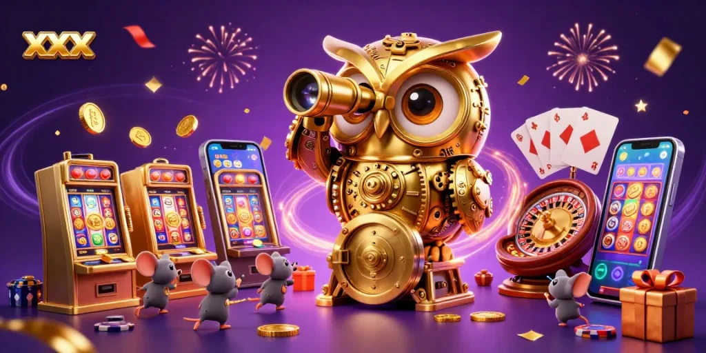 Experience thrilling xxx action with a golden owl and magical casino elements in a festive scene.