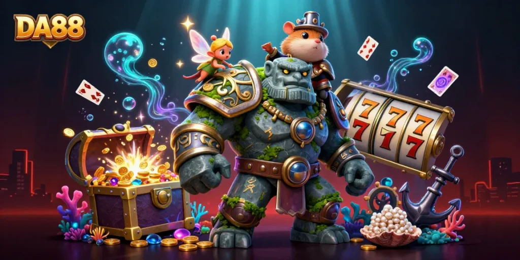 Play exciting slots with DA88 featuring a magical golem, fairy, and hamster knight in an underwater treasure scene.