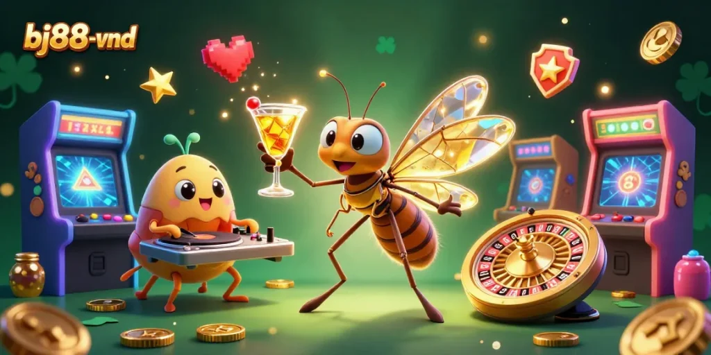 BJ88-vnd brings excitement as a frozen mosquito mascot at a lively casino scene.