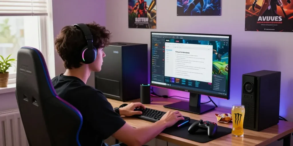 Engaged gamer researching 안전 토토사이트 in a stylish home office with multiple gaming elements.