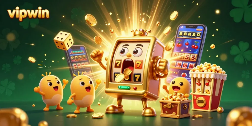 Experience vipwin's thrilling jackpot moment with a lively scene of slot machines and coins!