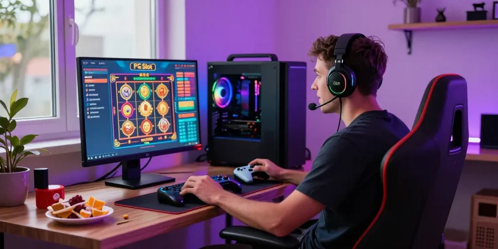 Engaging online gaming setup featuring Roma slot game on screen, colorful RGB lights and enthusiastic gamer.