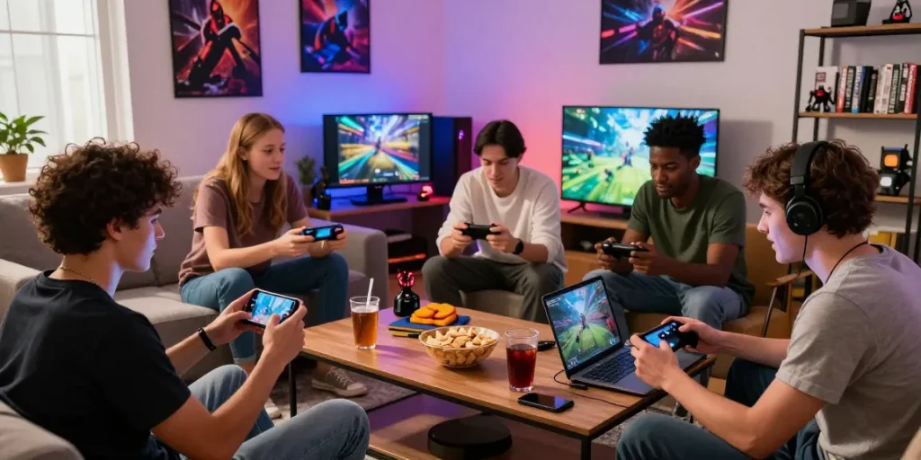 Engaging gaming gathering showcasing indocair login experience with friends, highlighting diverse devices and vibrant atmosphere.