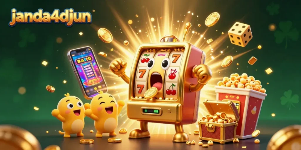 Mesin slot janda4djun merayakan jackpot dengan koin berjatuhan, dikelilingi mesin slot kecil dan popcorn.