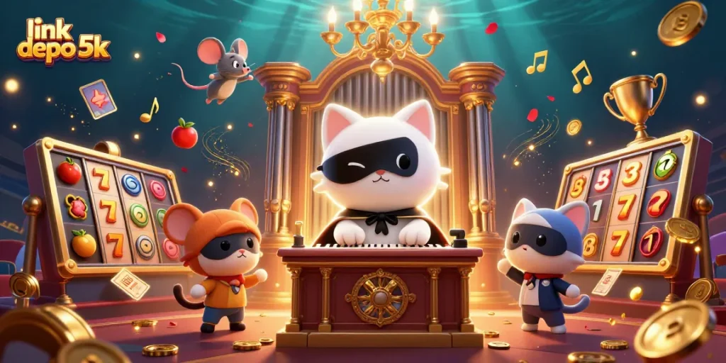 Experience thrilling moments with link depo 5k as a cat maestro directs a vibrant slot game orchestra filled with excitement.