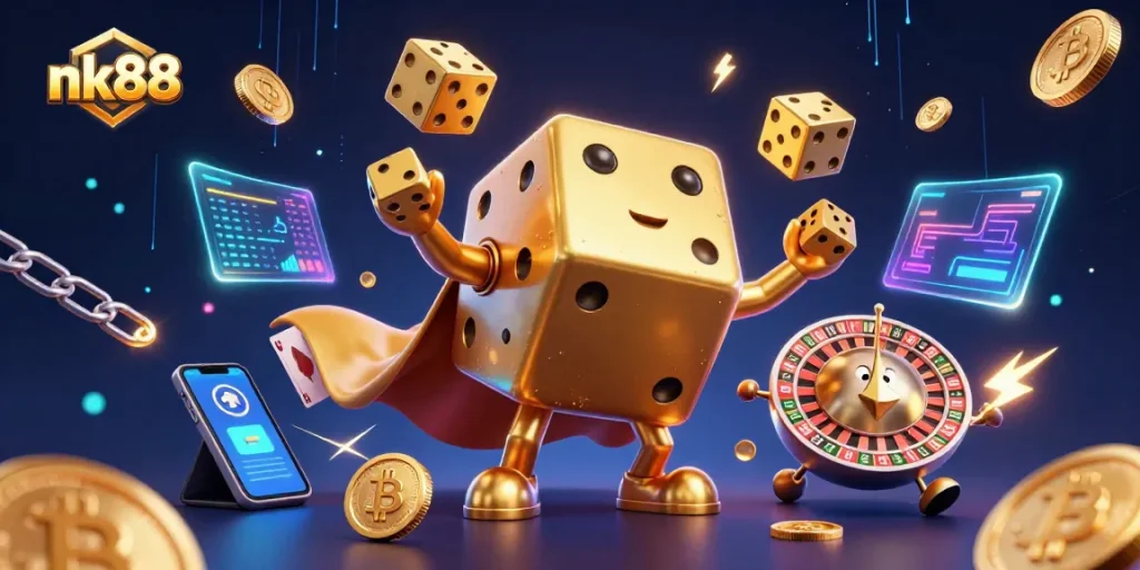 nk88 players enjoying a thrilling gaming experience with animated golden dice and crypto coins.