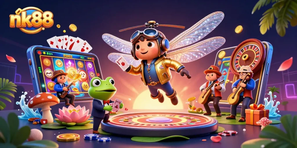 Spin to win with nk88 at this vibrant, animated casino scene showcasing excitement and action.