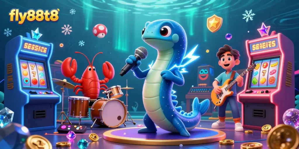 Experience the thrill of fly88t8 with an electric eel DJ, vibrant game machines, and underwater casino aesthetics.