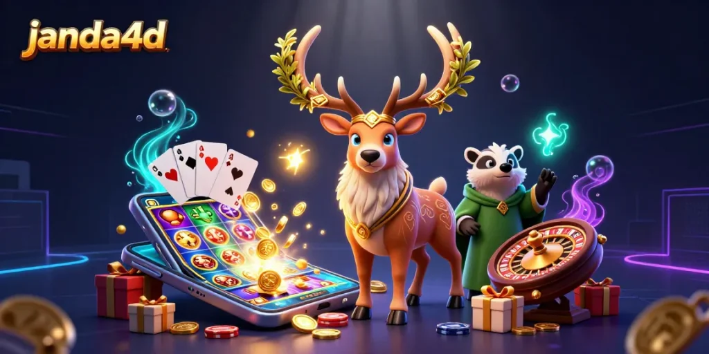 Gambarkan keseruan bermain janda4d dengan karakter ceria dan elemen kasino interaktif.