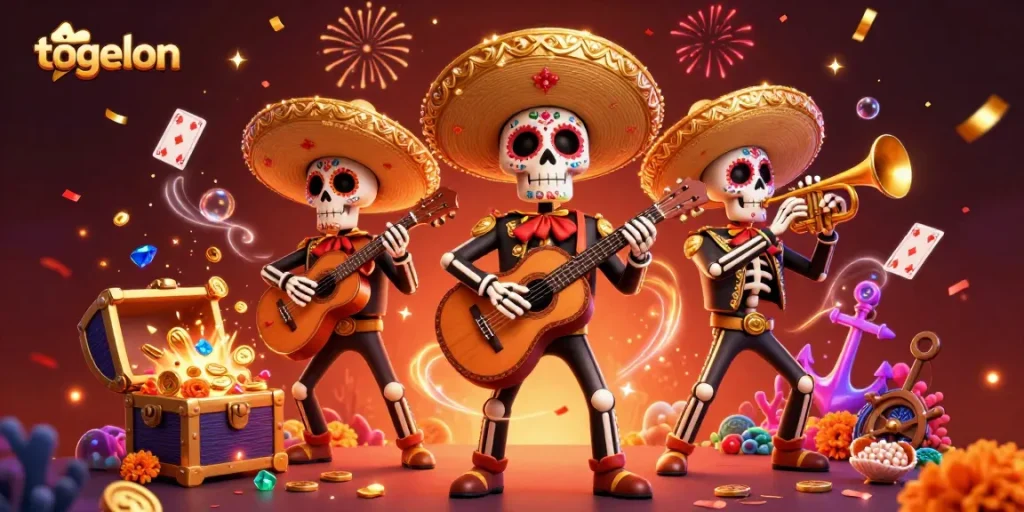 Experience an exciting scene with togelon-themed 3D skeleton musicians celebrating amidst sparkling casino treasures.
