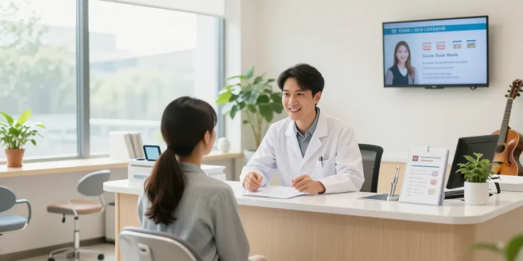 Discover more here in a bright dental clinic setting with a welcoming dentist and patient interaction.