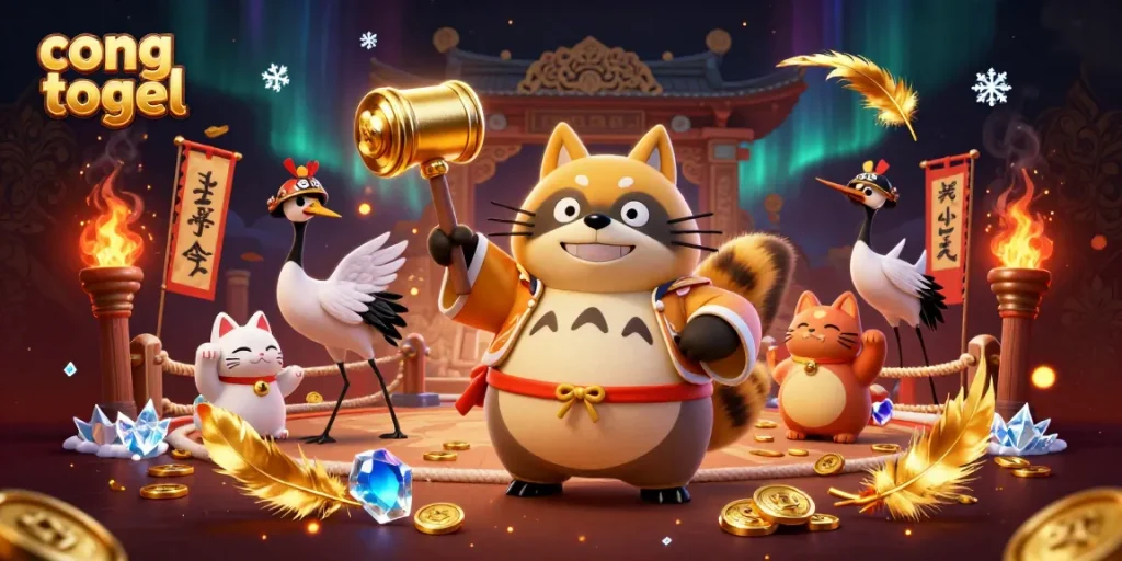 Experience the thrill of cong togel with cheerful characters and dazzling game elements in this vibrant casino illustration.
