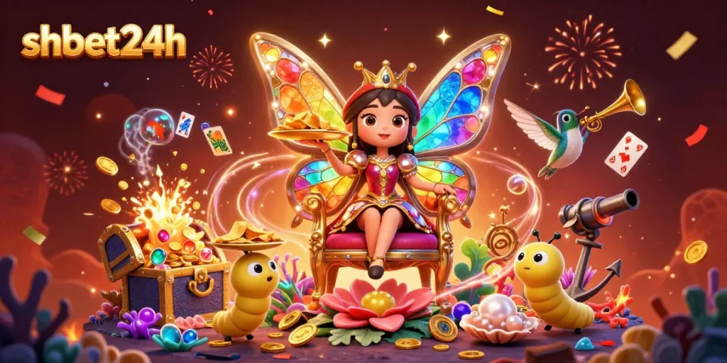 Experience thrilling gameplay at shbet24h with a vibrant casino scene featuring a butterfly queen and treasures.