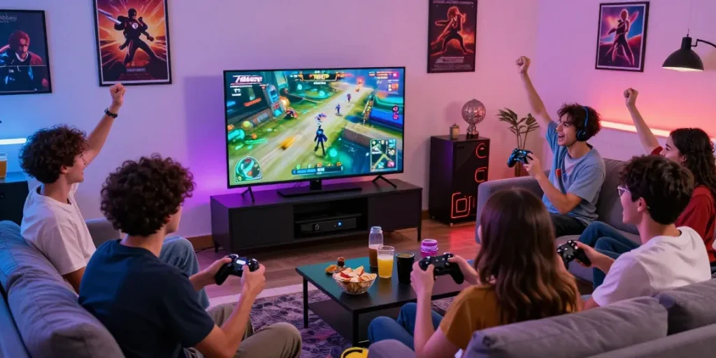 Engaged players enjoying 7meter gaming session with vibrant atmosphere and controllers.