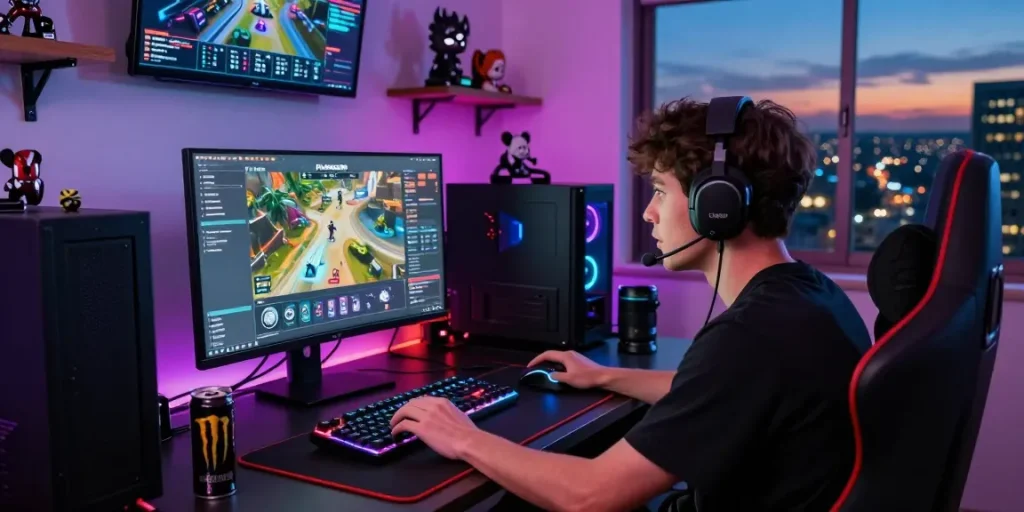 Engaged gamer experiencing Playbook88 online gaming platform with dynamic interface in an electrifying atmosphere.